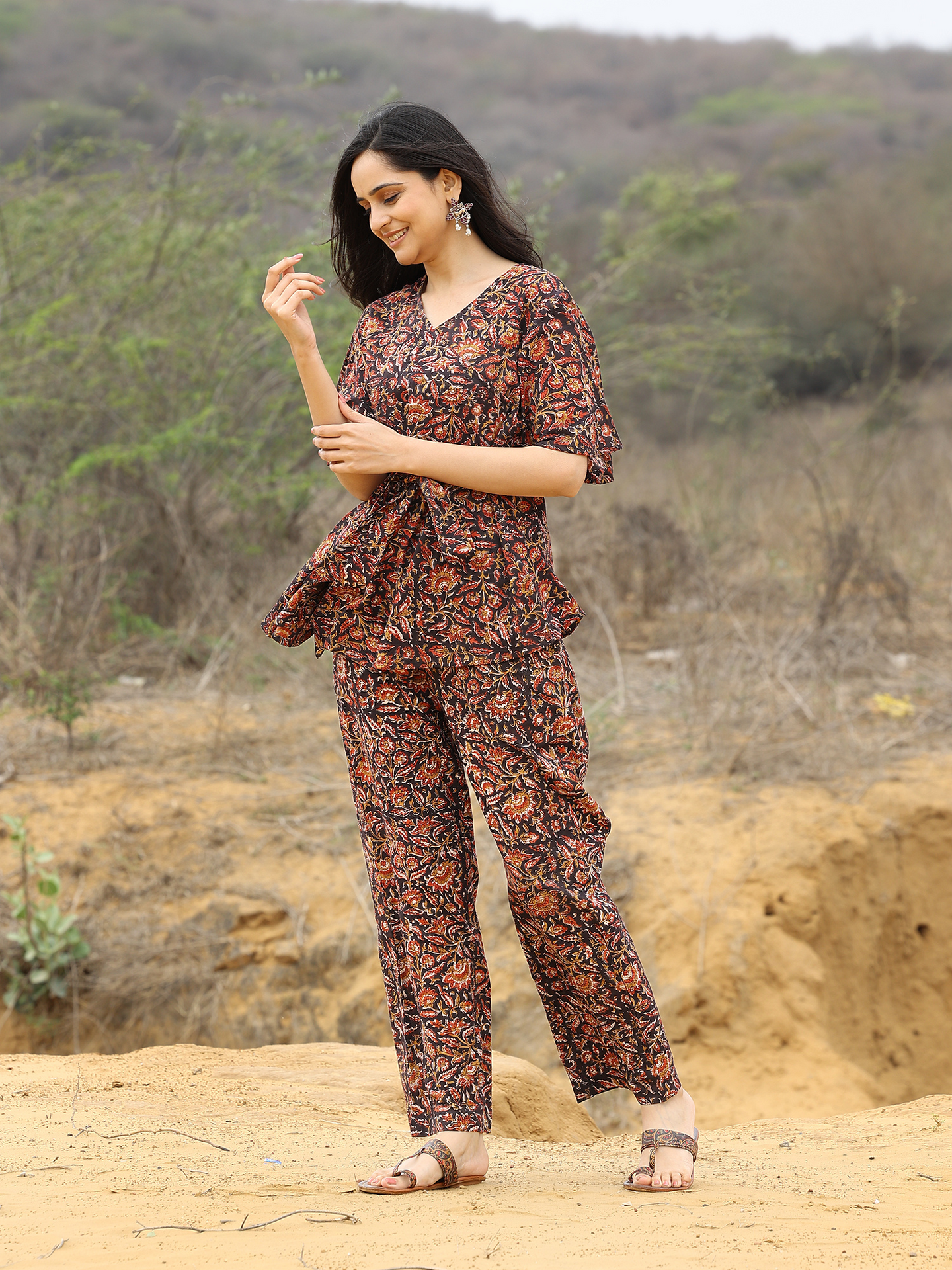 Black Kalamkari Printed Frilled Sleeve Cotton Co-ord Set